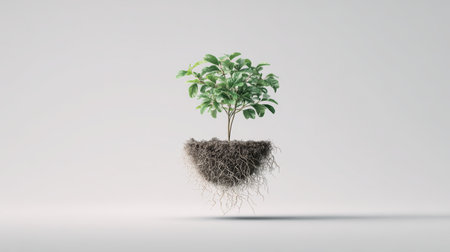 Floating green plant, exposed roots, soil, isolated on white background, symbolizing growth, nature, and environmental sustainabilityの素材