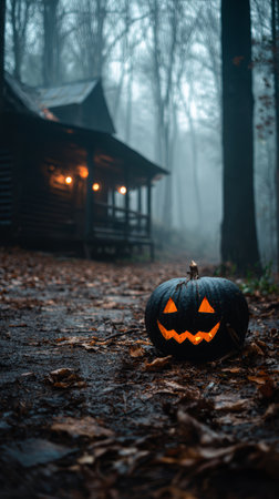 Black pumpkin jack o lantern Halloween forest autumn fog spooky cabin glowing leaves black jack o lantern with glowing face sits autumn leavesの素材