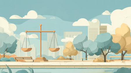 Scales park city autumn trees justice balance law peaceful outdoor scene. tranquil city park with justice scales autumn trees and soft sunlightの素材