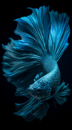 Blue betta fish with flowing fins, elegant aquatic animal in motion, dramatic lighting, graceful underwater beautyの素材