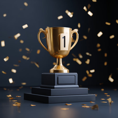 Golden trophy number one black pedestal confetti celebration shiny success award victory achievementの素材