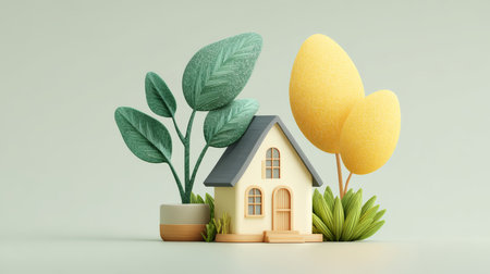 Miniature house green plant yellow tree potted plant cozy home modern decor peaceful soft color interior natureの素材