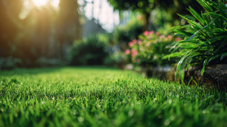 Lush green grass morning sunlight garden fresh outdoor nature landscaping vibrant peaceful dewの素材