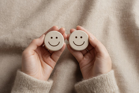 Two hands holding wooden smiley face tokens, cozy beige background, expressing happiness and warmthの素材