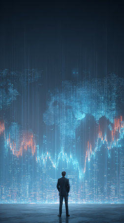 Businessman standing in front of digital world map with glowing financial chart, futuristic cityscape, innovation, ambition, determinationの素材
