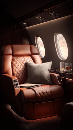 Luxurious leather seat private jet window pillow drink book elegant comfortable travel relaxationの素材