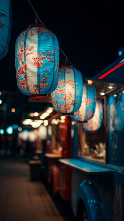 Blue paper lantern cherry blossom pattern night street festival glowing outdoor Asian style festive celebration atmosphereの素材
