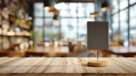 Tabletop sign wooden stand empty display blurred cafe background warm lighting inviting atmosphere cozy modern restaurantの素材