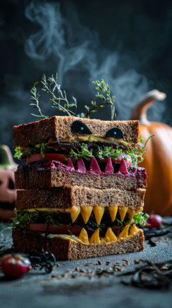 Spooky sandwich rye bread cheese vegetables herbs Halloween creative fun scary party autumnの素材