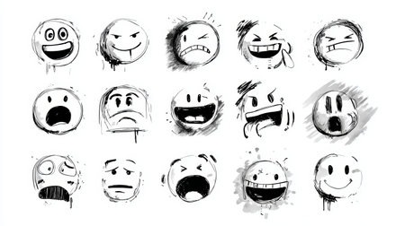 Happy mischievous angry frustrated surprised sad excited silly shocked confused hand drawn expressive face collection black and white sketch styleの素材
