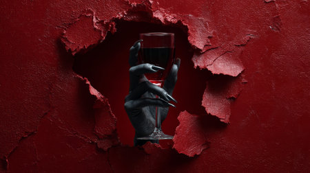 Black hand red wall wine glass dramatic torn texture mysterious elegant surreal moody creativeの素材