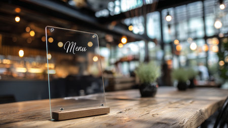 Clear glass menu stand, wooden base, modern restaurant, cozy atmosphere, warm lighting, blurred background, inviting moodの素材
