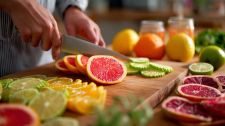 Sliced citrus fruit, grapefruit, lemon, lime, and orange on wooden cutting board, person preparing fresh ingredients in kitchenの素材