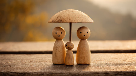 Wooden family figure umbrella protection parent child happy outdoor sunlight together loveの素材