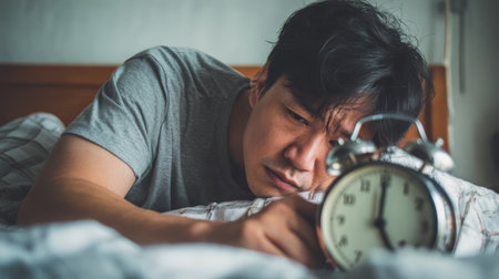 Tired man alarm clock bed morning sleep fatigue stress adult male bedroom early waking up exhaustion insomnia home Asian hand time pillow blanketの素材