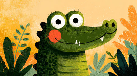 Cheerful cartoon crocodile with big eyes, green scales, and red cheek, surrounded by tropical leaves and warm orange backgroundの素材