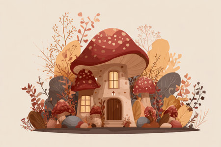 Whimsical mushroom house surrounded by autumn foliage, earthy plants, and stones, evoking cozy, magical woodland atmosphereの素材