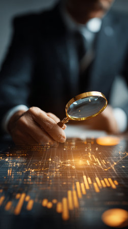 Businessman magnifying glass data analysis financial chart technology digital investigation focus professional suit examining financial chart withの素材