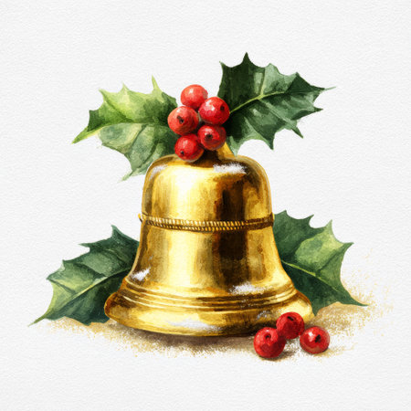 Golden bell holly leaf red berry festive Christmas holiday decoration watercolor isolated white backgroundの素材