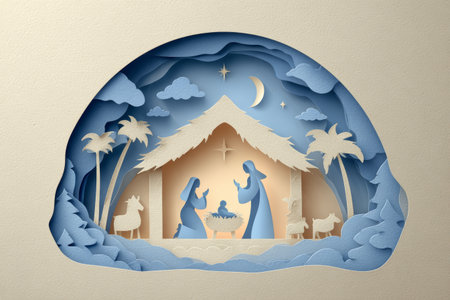 Nativity scene holy family baby stable palm tree night moon star animal cloud peaceful blue beige paper artの素材