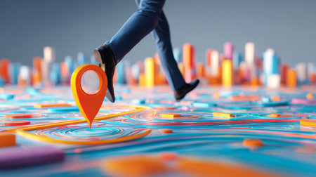 Person walking on colorful abstract city map with location pin, urban navigation, modern cityscape, vibrant, dynamic, travel conceptの素材