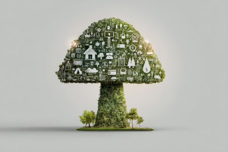 Eco friendly mushroom shaped tree with sustainability icons, green energy, and environmental conservation conceptの素材