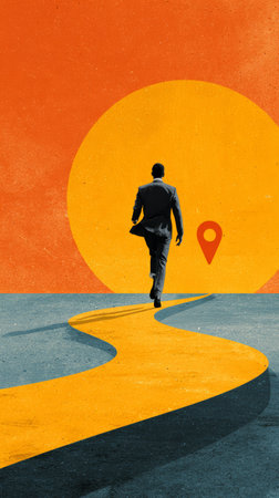 Businessman suit walking yellow path destination orange background goal ambition determination success. Confident businessman suit walking alongの素材