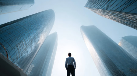 Businessman standing among modern skyscraper, looking up at tall glass building, urban cityscape, ambition, success, determinationの素材