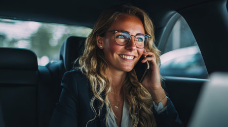 Smiling businesswoman blonde hair eyeglasses suit sitting car talking phone working laptop confident daylightの素材