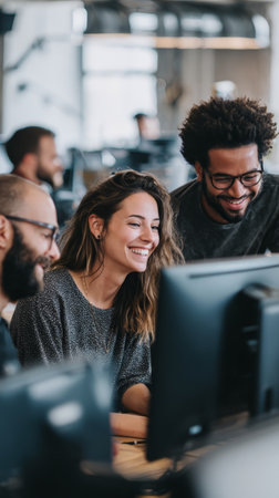 Smiling colleagues teamwork office computer collaboration modern workspace casual clothing creative projectの素材