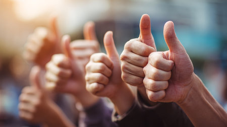 Group of hands giving thumbs up close up positive gesture teamwork support unity encouragement outdoor sunlightの素材