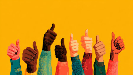 Thumb hand approval gesture diverse colorful arm positive up group Thumbs up hands various skin tones and colorful sleeves showing approvalの素材