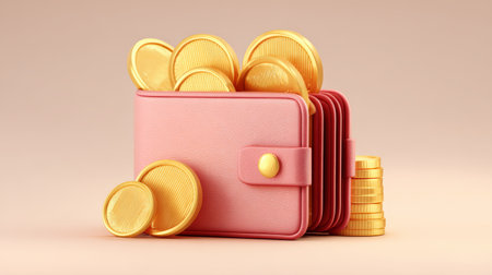 Pink wallet gold coin finance saving wealth investment currency money banking prosperity cheerful conceptの素材