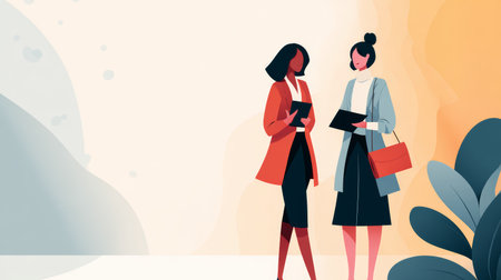 Two businesswomen standing together holding tablets discussing work modern office background professional confident teamwork illustrationの素材