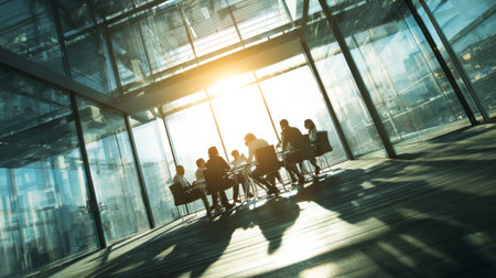 Business meeting corporate team office sunlight glass building modern architecture teamwork discussion professional urbanの素材