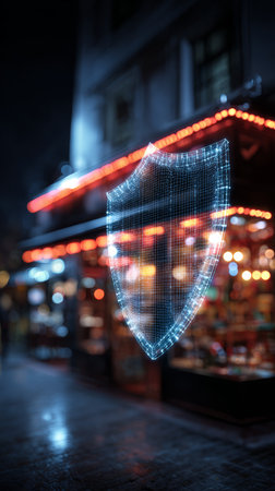 Digital shield cybersecurity data protection technology night city neon glowing security futuristic glowing digital shield symbolizesの素材