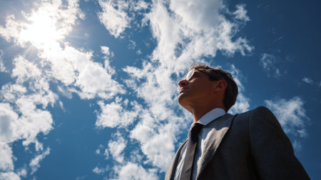Confident businessman suit tie sunglasses looking up blue sky clouds sunlight outdoor success ambitionの素材