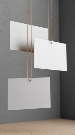 Blank card white paper hanging string vertical minimalist mockup gray wall empty template clean modern calmの素材