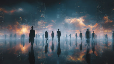 Silhouette people city night reflection urban futuristic mysterious crowd dramatic atmosphere in glowing cityscapeの素材