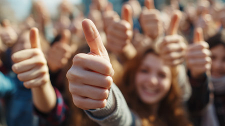 Group of people giving thumbs up, showing approval, support, and positivity in outdoor setting, cheerful and encouraging moodの素材