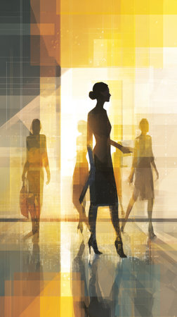 Businesswoman silhouette modern office abstract background yellow light professional walking confident stylish digital art reflectionの素材
