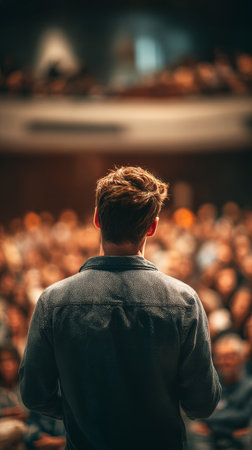 Man audience conference speaker seminar presentation public speaking event lecture focus motivation education communication professional businessの素材