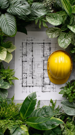 Architectural blueprint yellow safety helmet green tropical plant construction planning workplace top view fresh creativeの素材