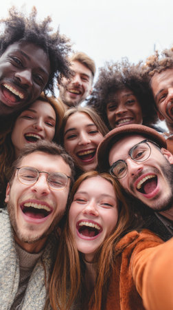 Happy diverse friends group selfie outdoor smiling young people cheerful happy diverse group of friends smiling and taking selfie outdoorsの素材