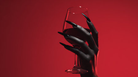 Black hand with long sharp nails holding wine glass, dramatic red background, mysterious and elegant moodの素材