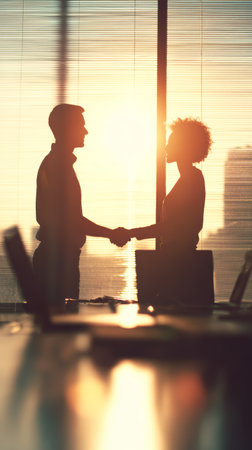 Business handshake partnership agreement teamwork silhouette office sunlight professional success. Two professionals shaking hands office sunsetの素材
