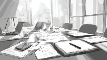 Open notebook, pen, and documents on modern office meeting table with sunlight streaming through large windows, creating productive atmosphereの素材