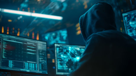 Hacker cybersecurity dark room computer screen code technology data breach digital crime anonymous nightの素材