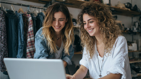 Smiling women casual clothing working together laptop boutique teamwork friendship cheerful creative workspaceの素材