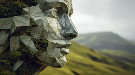 Geometric face sculpture nature moss abstract outdoor serene landscape green artistic peacefulの素材